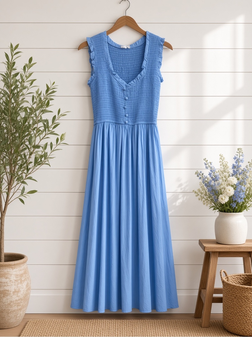 Light Blue Smocked Midi Dress V-Neck Button Front Ruffle | S & L